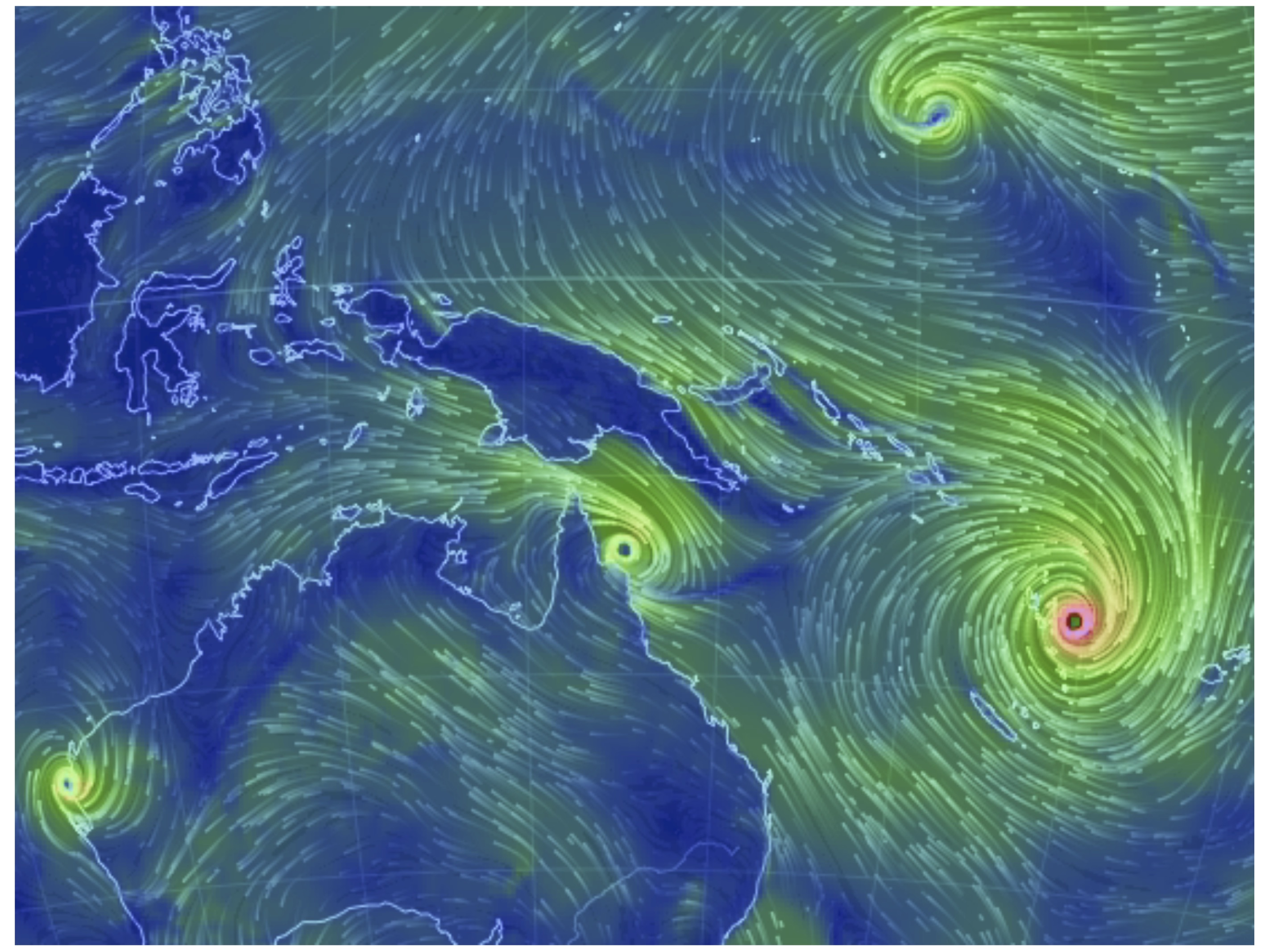 Four active tropical cyclones are visible in this atmospheric circulation map provided by the Earth Wind Map project. source: http://earth.nullschool.net/.